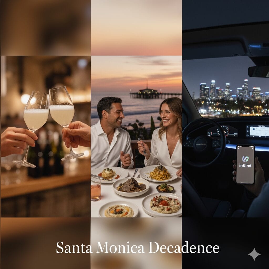 A collage showing three panels: left a toast with two glasses of sparkling white wine; center a couple dining at sunset with ocean and pier views, enjoying dishes like pasta with truffles and whipped eggplant; right a person in a car at night holding a phone displaying the InKind app, with city lights in the background.