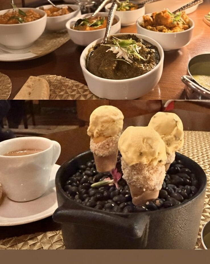A collage featuring two images. The top image shows several bowls of Indian food on a table, including curries and a dark green dish garnished with white shreds. The bottom image shows three ice cream cones in a black pot filled with black beans, next to a white cup of coffee and a small biscuit, all on a woven placemat. The text "Kahani - The Ritz Carlton, Laguna Niguel" is overlaid on a brown bar at the bottom.