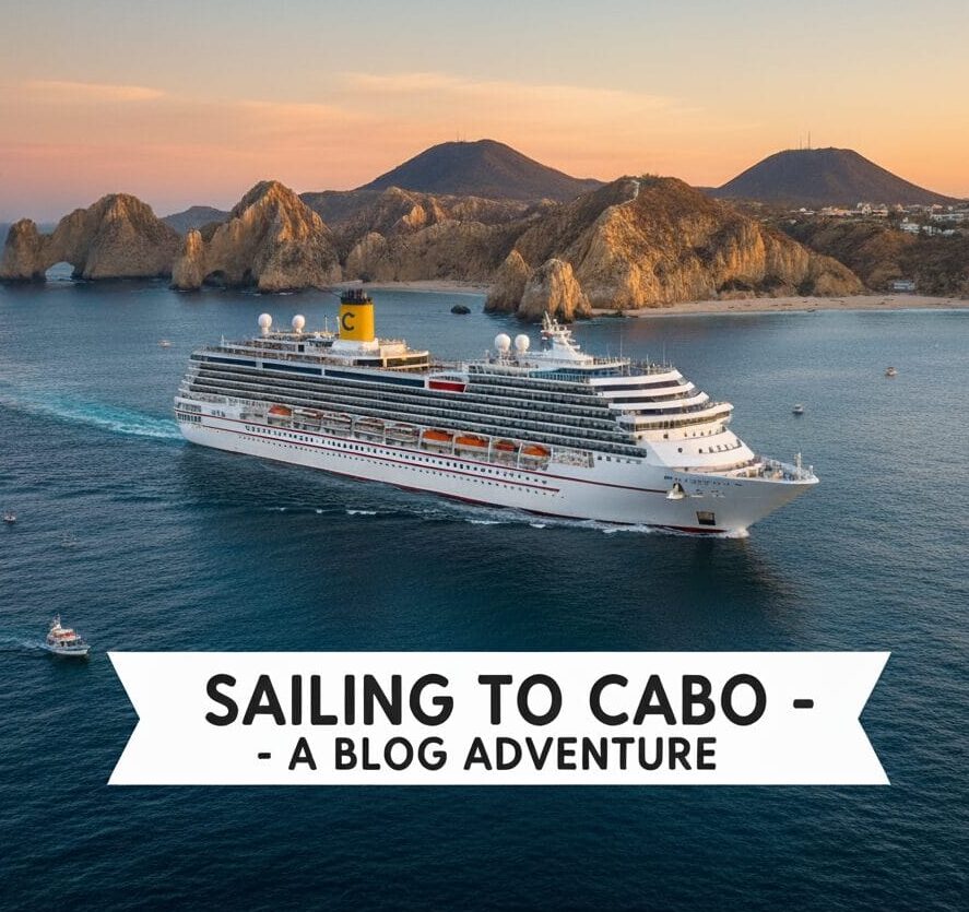 The Carnival Firenze cruise ship approaching the famous arches of Cabo San Lucas, Mexico at sunset. A white banner overlay on the image reads, "Sailing to Cabo - A Blog Adventure."