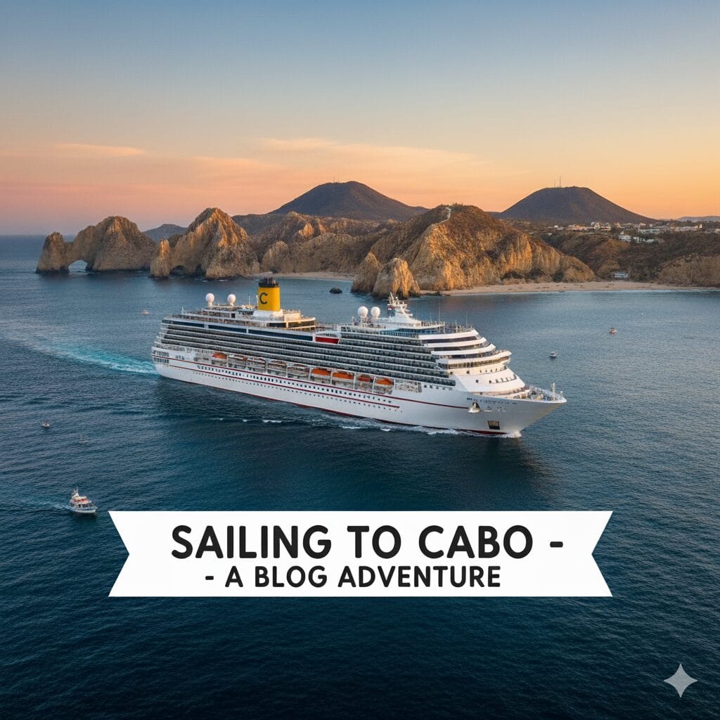 The Carnival Firenze cruise ship approaching the famous arches of Cabo San Lucas, Mexico at sunset. A white banner overlay on the image reads, "Sailing to Cabo - A Blog Adventure."