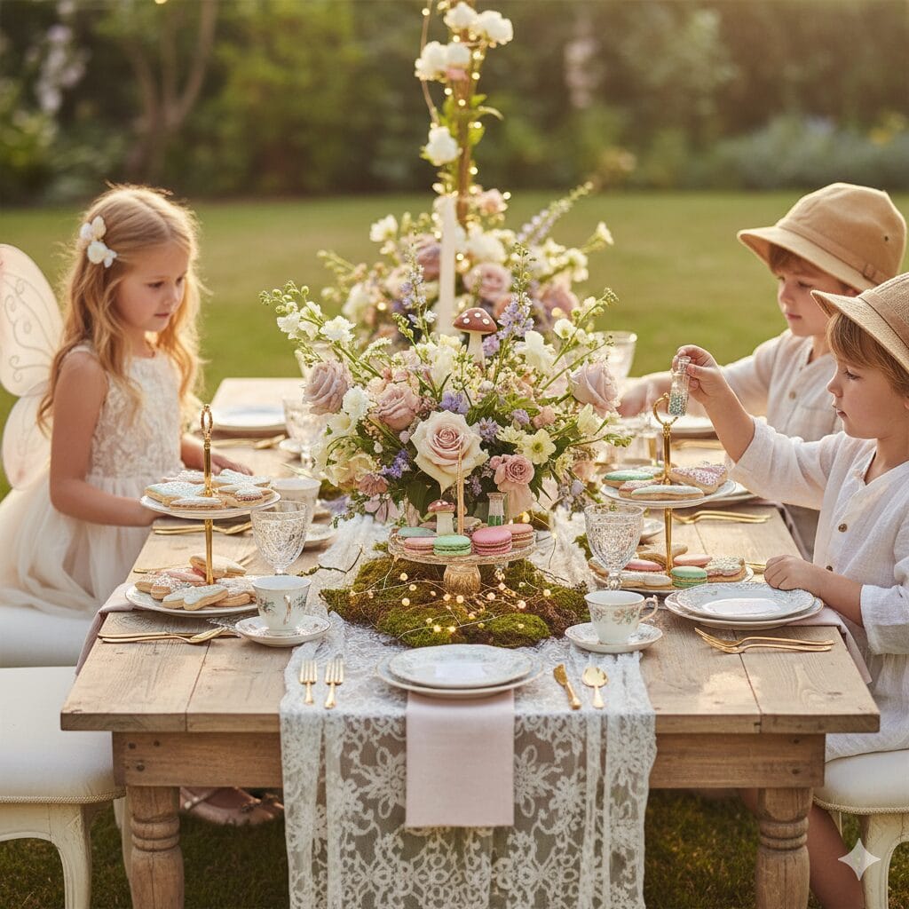 Three young children sit at a beautifully decorated wooden table for a whimsical, enchanted forest themed party in a sunlit garden. The table features a large floral centerpiece, tiered stands with cookies and macarons, and elegant place settings. A girl wears fairy wings.