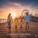 A family of four (mom, dad, two daughters 7 and 10) walks hand-in-hand on the Santa Monica Pier at sunset, with the iconic Ferris wheel and amusement park in the background. The text "CULINARY PASSAGES: EXPLORE, TASTE, LIVE" is subtly overlaid at the bottom.