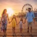 A family of four (mom, dad, two daughters 7 and 10) walks hand-in-hand on the Santa Monica Pier at sunset, with the iconic Ferris wheel and amusement park in the background. The text "CULINARY PASSAGES: EXPLORE, TASTE, LIVE" is subtly overlaid at the bottom.