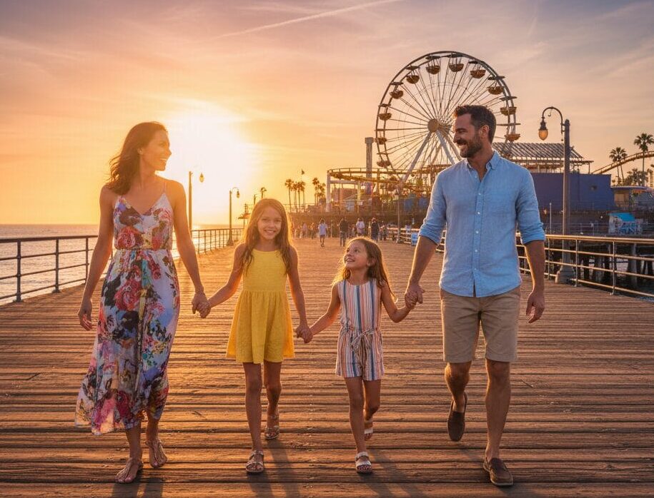 A family of four (mom, dad, two daughters 7 and 10) walks hand-in-hand on the Santa Monica Pier at sunset, with the iconic Ferris wheel and amusement park in the background. The text "CULINARY PASSAGES: EXPLORE, TASTE, LIVE" is subtly overlaid at the bottom.