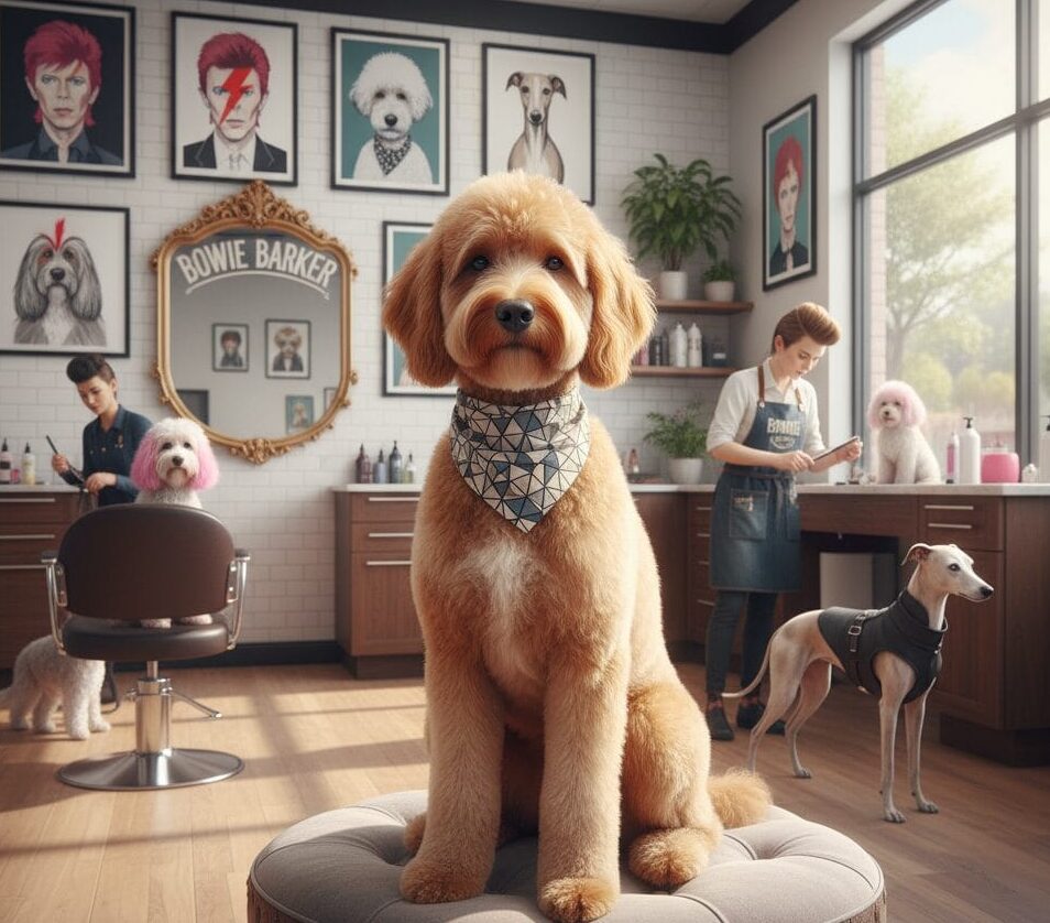 A stylish goldendoodle with a patterned bandana sits confidently on a cushioned stool in the center of a modern, upscale dog grooming salon named "Bowie Barker." The salon features framed artwork of various dog breeds and stylized portraits reminiscent of David Bowie. In the background, groomers are tending to other dogs, including a pink-haired poodle and a sleek greyhound. The overall atmosphere is chic and professional, with a large window letting in natural light. Text at the bottom reads "BOWIE BARKER: WOODLAND HILLS, Unleash Your Inner Rockstar."