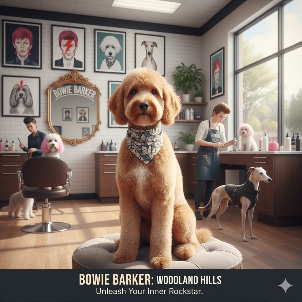 A stylish goldendoodle with a patterned bandana sits confidently on a cushioned stool in the center of a modern, upscale dog grooming salon named "Bowie Barker." The salon features framed artwork of various dog breeds and stylized portraits reminiscent of David Bowie. In the background, groomers are tending to other dogs, including a pink-haired poodle and a sleek greyhound. The overall atmosphere is chic and professional, with a large window letting in natural light. Text at the bottom reads "BOWIE BARKER: WOODLAND HILLS, Unleash Your Inner Rockstar."
