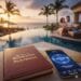 A leather-bound "Marriott Bonvoy Playbook" and a smartphone displaying the Bonvoy app with over 337,000 points and "Dream Vacation Unlocked" text, set against a backdrop of a couple enjoying a luxurious resort pool at sunset with palm trees and the ocean.
