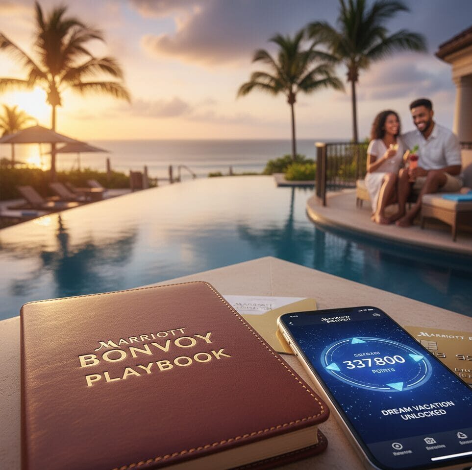 A leather-bound "Marriott Bonvoy Playbook" and a smartphone displaying the Bonvoy app with over 337,000 points and "Dream Vacation Unlocked" text, set against a backdrop of a couple enjoying a luxurious resort pool at sunset with palm trees and the ocean.