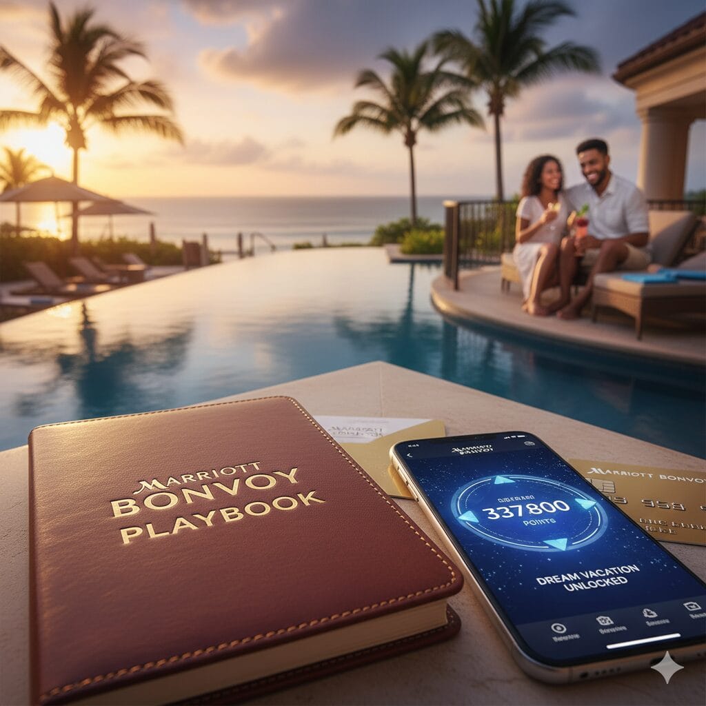 A leather-bound "Marriott Bonvoy Playbook" and a smartphone displaying the Bonvoy app with over 337,000 points and "Dream Vacation Unlocked" text, set against a backdrop of a couple enjoying a luxurious resort pool at sunset with palm trees and the ocean.