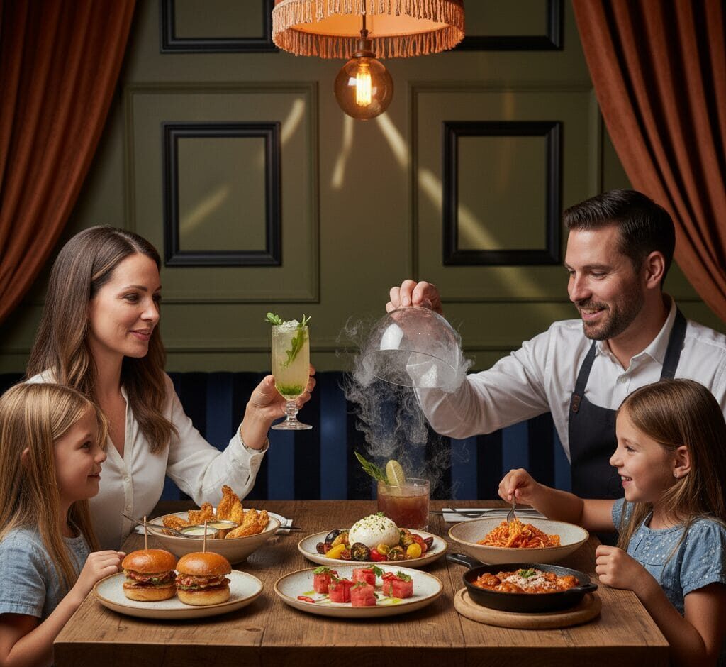 A happy family with two young daughters enjoying an upscale meal at Chelsea Restaurant in Santa Monica, with a table filled with beautifully plated dishes and craft cocktails.