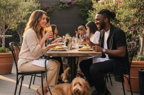 A man and a woman smile at each other while dining al fresco on a beautiful restaurant patio, while their golden doodle dog lies peacefully on a mat at their feet.