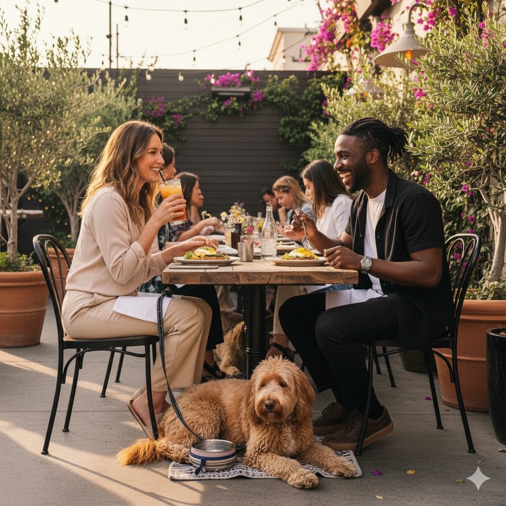 A man and a woman smile at each other while dining al fresco on a beautiful restaurant patio, while their golden doodle dog lies peacefully on a mat at their feet.