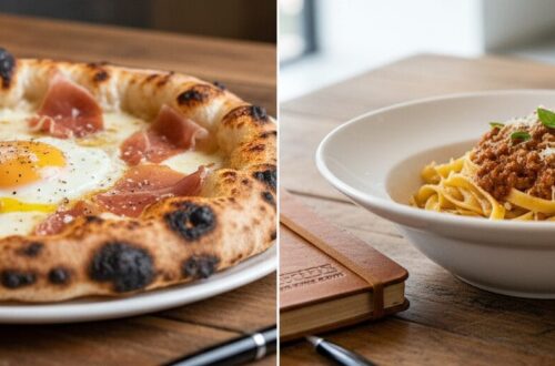 A side-by-side photo comparison. On the left, a Neapolitan-style pizza topped with prosciutto and a sunny-side-up egg sits on a wooden table near a pizza oven. On the right, a white bowl of tagliatelle bolognese is garnished with herbs, placed next to a leather notebook and a sleek black pen.
