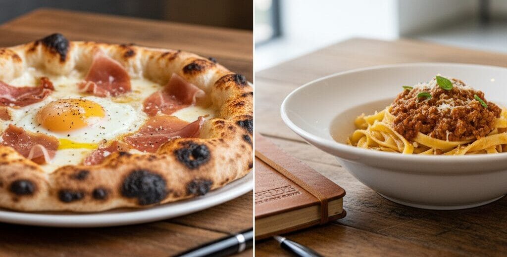 A side-by-side photo comparison. On the left, a Neapolitan-style pizza topped with prosciutto and a sunny-side-up egg sits on a wooden table near a pizza oven. On the right, a white bowl of tagliatelle bolognese is garnished with herbs, placed next to a leather notebook and a sleek black pen.