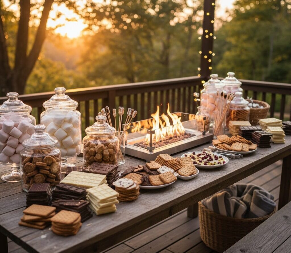 A beautifully styled outdoor gourmet S'mores dessert bar set up on a wooden deck at sunset. Glass jars hold various marshmallows and cookies, alongside different types of chocolate bars and a central tabletop fire pit. String lights glow in the background.