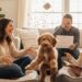 A playful indoor scene showing a family laughing while a fluffy goldendoodle jumps mid-air. Dog food is flying through the air from an overturned bowl. A woman and young girl are laughing on dog beds, while a man in the background looks stressed, holding a paper with a line graph.