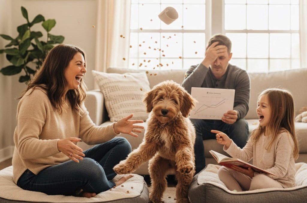 A playful indoor scene showing a family laughing while a fluffy goldendoodle jumps mid-air. Dog food is flying through the air from an overturned bowl. A woman and young girl are laughing on dog beds, while a man in the background looks stressed, holding a paper with a line graph.