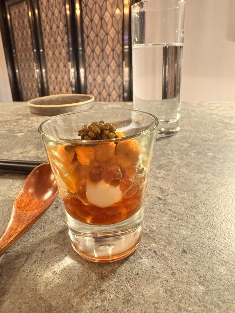 Mochi with Hokkaido uni and Kaluga caviar served in a glass at TAIKUN Omakase
