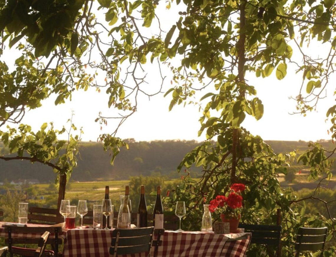 A vineyard table set with wine bottles and glasses overlooking rolling vineyard hills at golden hour.