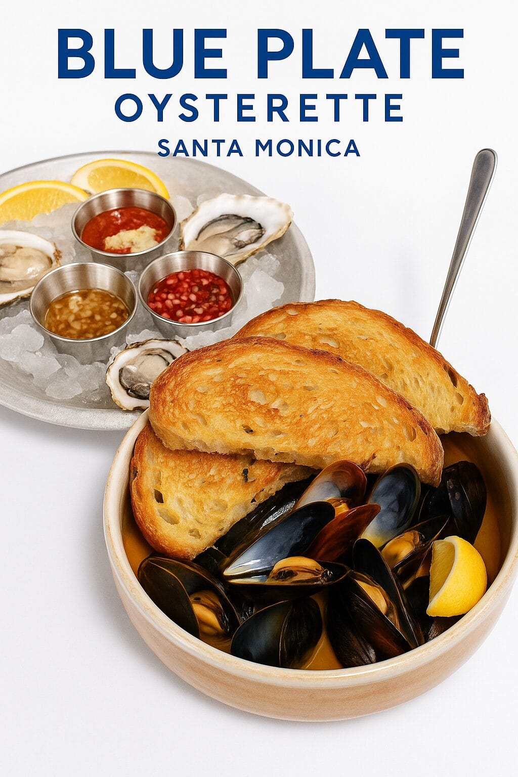 A bowl of steamed mussels with toasted bread in the foreground, and a platter of raw oysters on ice with dipping sauces in the background. Text at the top reads "Blue Plate Oysterette Santa Monica".