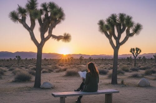 A person sits peacefully on a meditation cushion on a wooden deck, looking out at a tranquil desert landscape with Joshua trees and a colorful sunset sky.