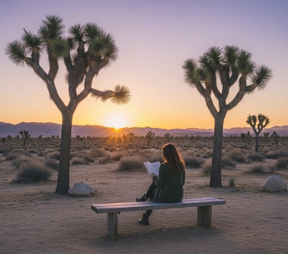 A person sits peacefully on a meditation cushion on a wooden deck, looking out at a tranquil desert landscape with Joshua trees and a colorful sunset sky.