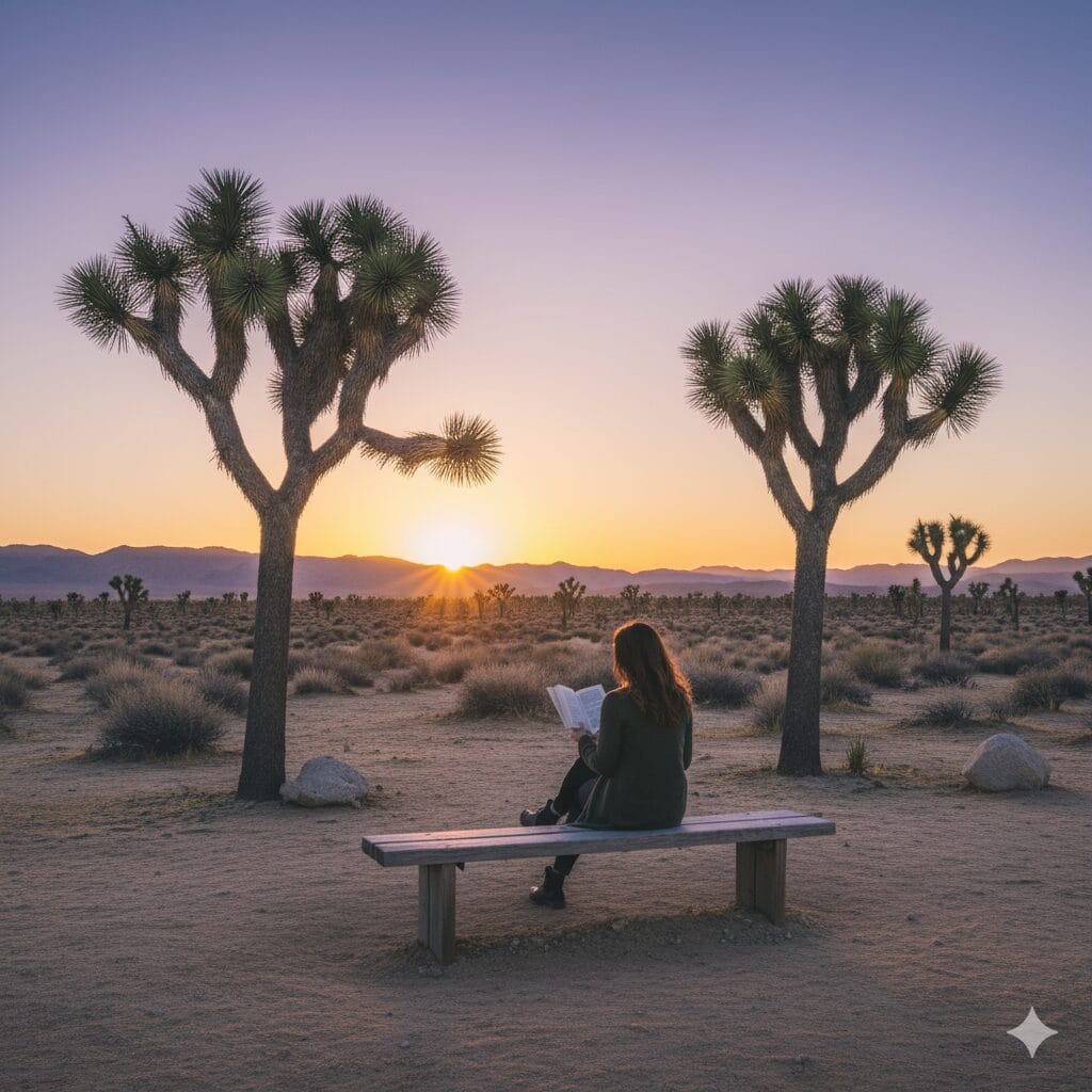 A person sits peacefully on a meditation cushion on a wooden deck, looking out at a tranquil desert landscape with Joshua trees and a colorful sunset sky.