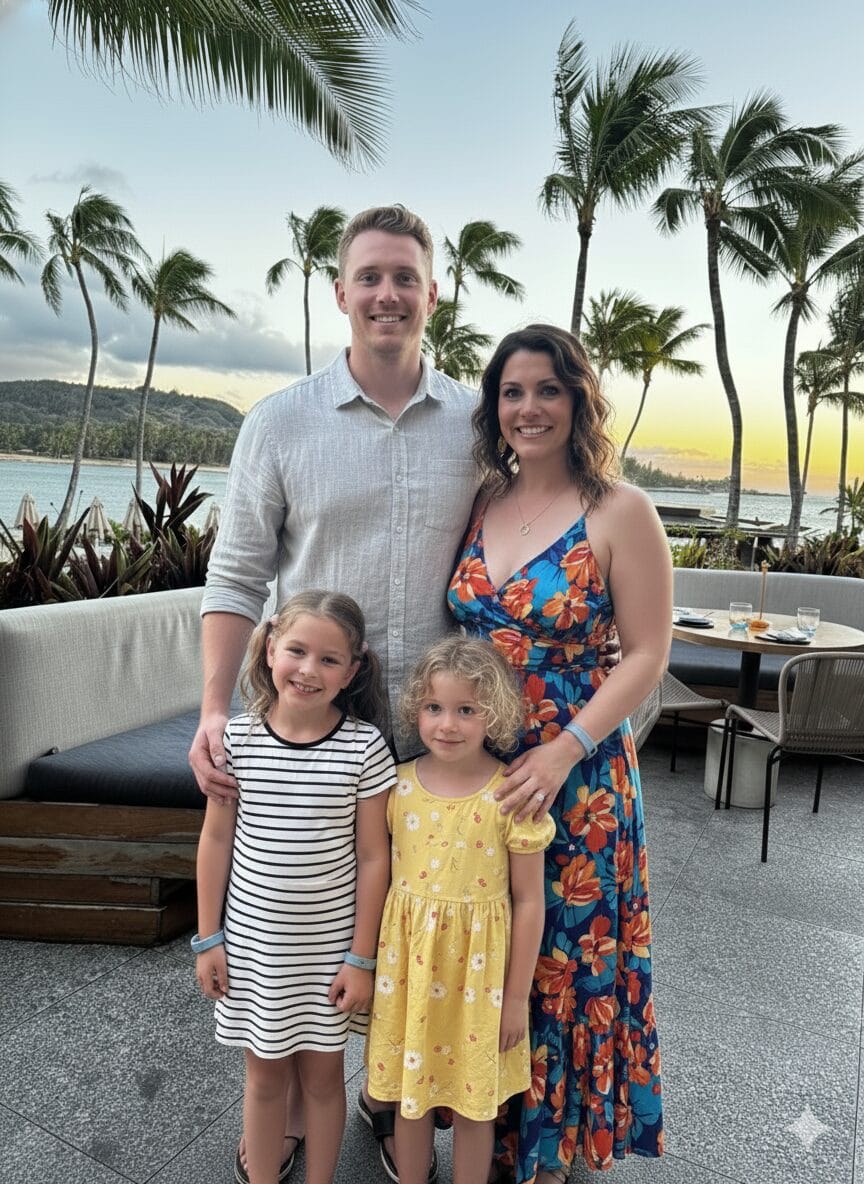 The Graham family—Ginger, Brad, Madeleine, and Charlotte—standing on a tropical resort patio at sunset, creators of the Culinary Passages family travel blog.