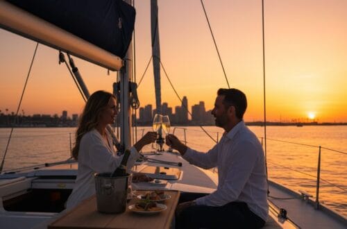 A stylish couple clinks cocktail glasses on a sophisticated rooftop bar at sunset, with the sparkling Los Angeles city skyline in the background.