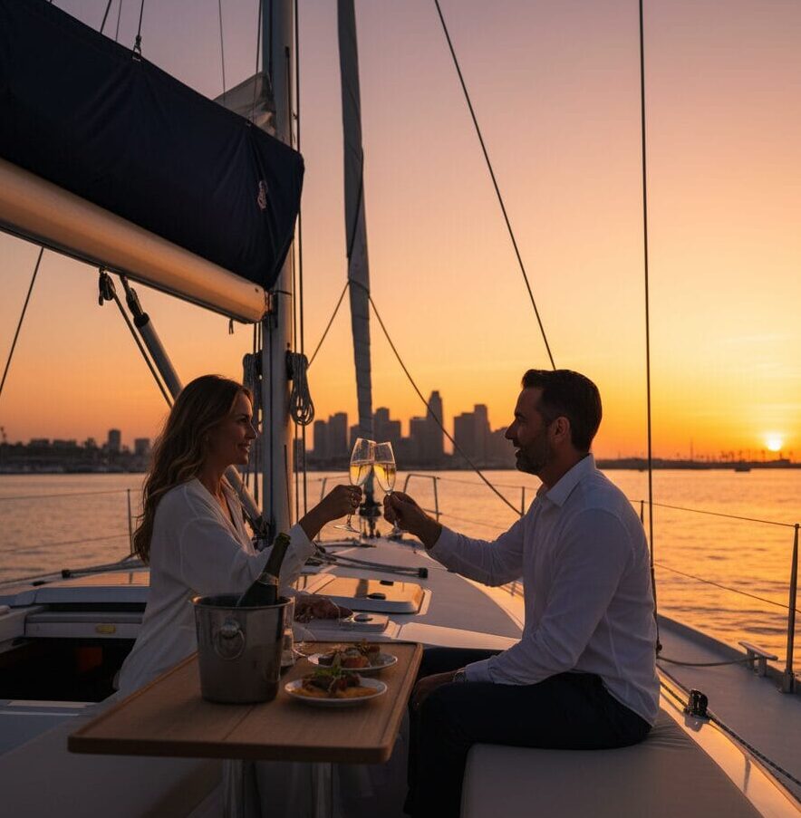 A stylish couple clinks cocktail glasses on a sophisticated rooftop bar at sunset, with the sparkling Los Angeles city skyline in the background.