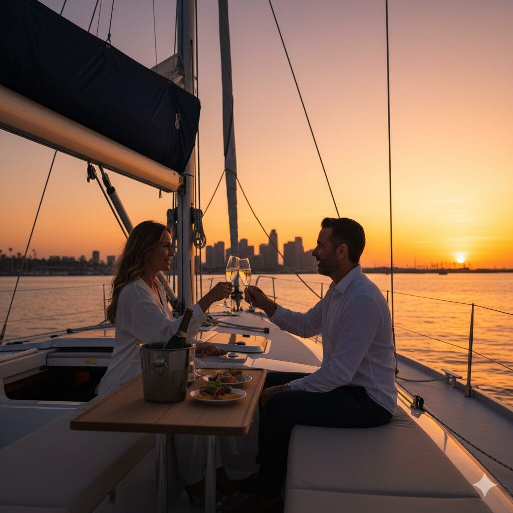 A stylish couple clinks cocktail glasses on a sophisticated rooftop bar at sunset, with the sparkling Los Angeles city skyline in the background.