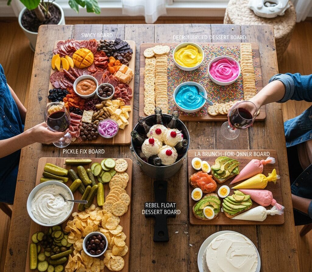 A vibrant overhead view of a rustic wooden table laden with five themed food boards for a "Bring a Board" party, including savory, sweet, and deconstructed dessert options, with friends toasting with wine glasses.