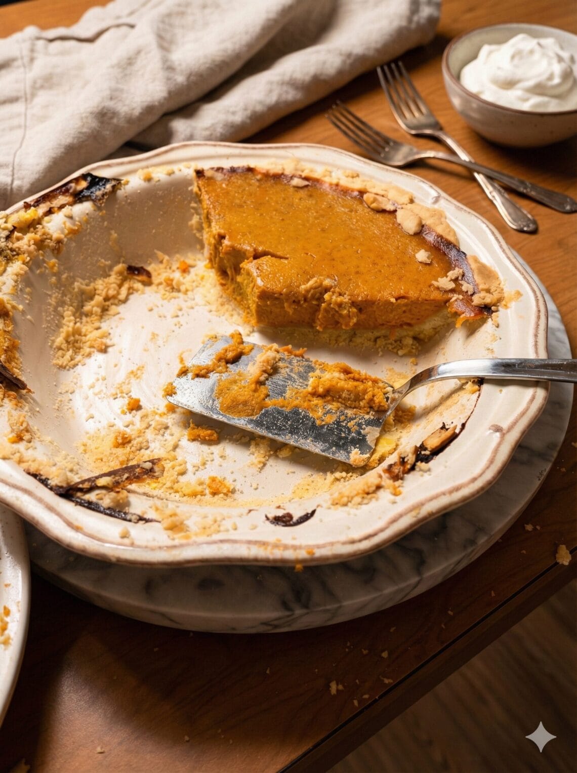 A half-eaten pumpkin pie in a scalloped ceramic dish resting on a marble trivet. A silver pie server sits in the dish with crumbly crust, while forks and a bowl of whipped cream sit in the background on a wooden table.