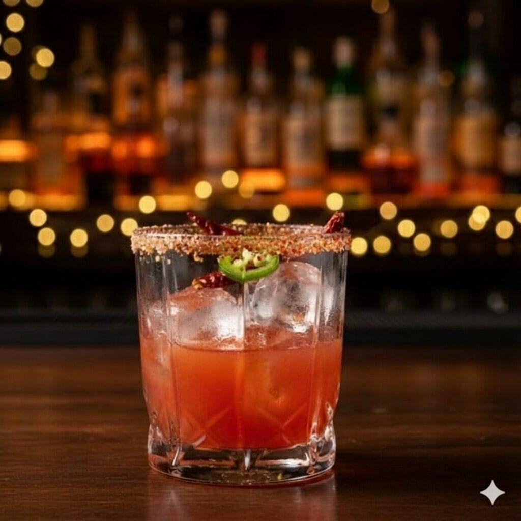 A close-up photograph of a half-empty rocks glass containing a reddish cocktail with large ice cubes. The rim of the glass is coated with chili salt, and it is garnished with a fresh jalapeño slice and two dried red chili peppers. The glass sits on a dark wooden bar counter with a blurred background of illuminated liquor bottles and bokeh lights.