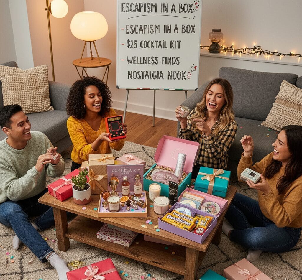 A themed gift exchange spread with wrapped presents and coffee on a wooden table.