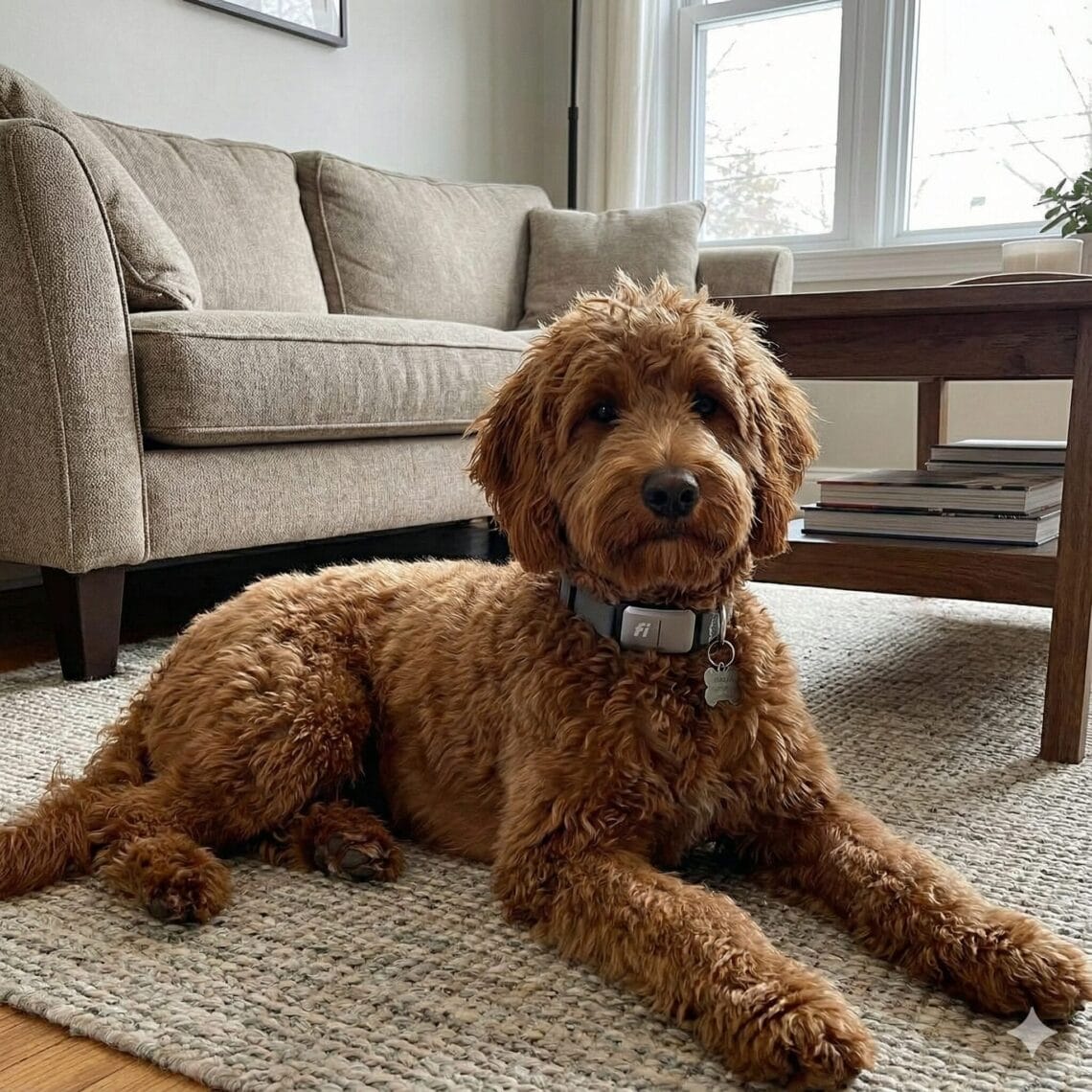 Golden Goldendoodle dog lying on a rug in a living room wearing a grey Fi Smart GPS Dog Collar Series 3.