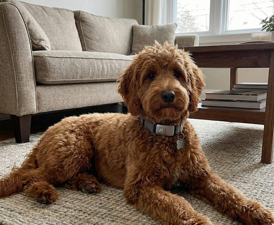 Golden Goldendoodle dog lying on a rug in a living room wearing a grey Fi Smart GPS Dog Collar Series 3.