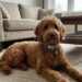 Golden Goldendoodle dog lying on a rug in a living room wearing a grey Fi Smart GPS Dog Collar Series 3.