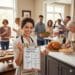 A smiling female host in an apron holds a clipboard detailing Thanksgiving delegation roles like 'Early Birds: Cold Sides' and 'Chaos Agent: Drinks' in a busy kitchen filled with happy guests and Thanksgiving food.