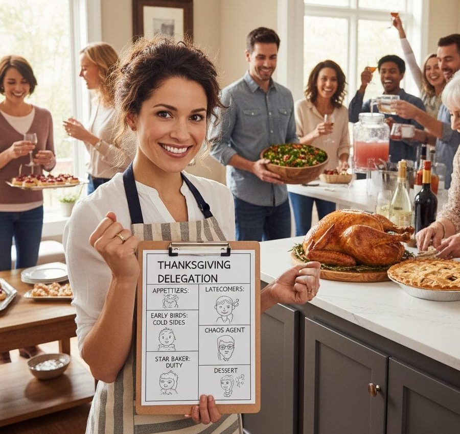 A smiling female host in an apron holds a clipboard detailing Thanksgiving delegation roles like 'Early Birds: Cold Sides' and 'Chaos Agent: Drinks' in a busy kitchen filled with happy guests and Thanksgiving food.