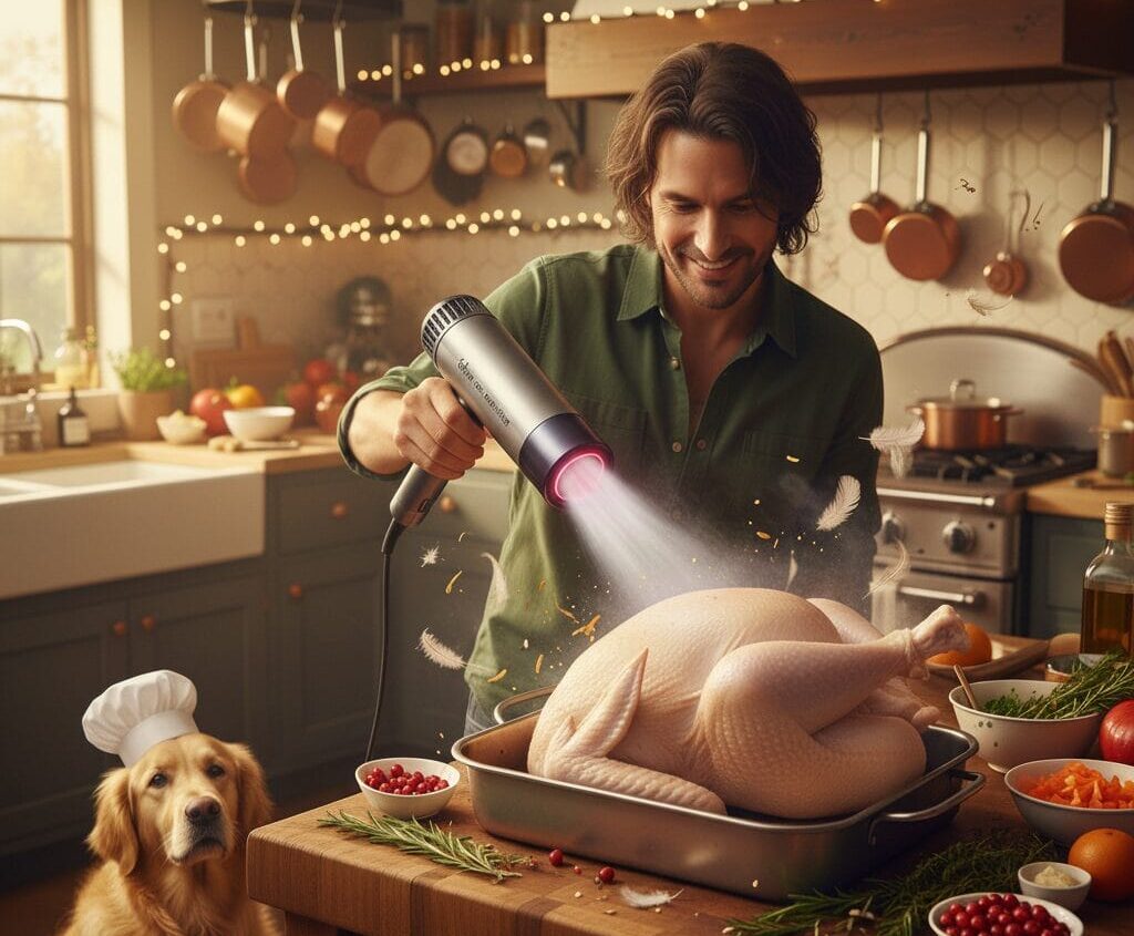 A smiling man in a green shirt uses a silver high-tech hairdryer on a fully roasted, golden-brown Thanksgiving turkey. As he aims the hairdryer, small white feathers float around the bird. Beside him, a golden retriever in a chef's hat looks on.