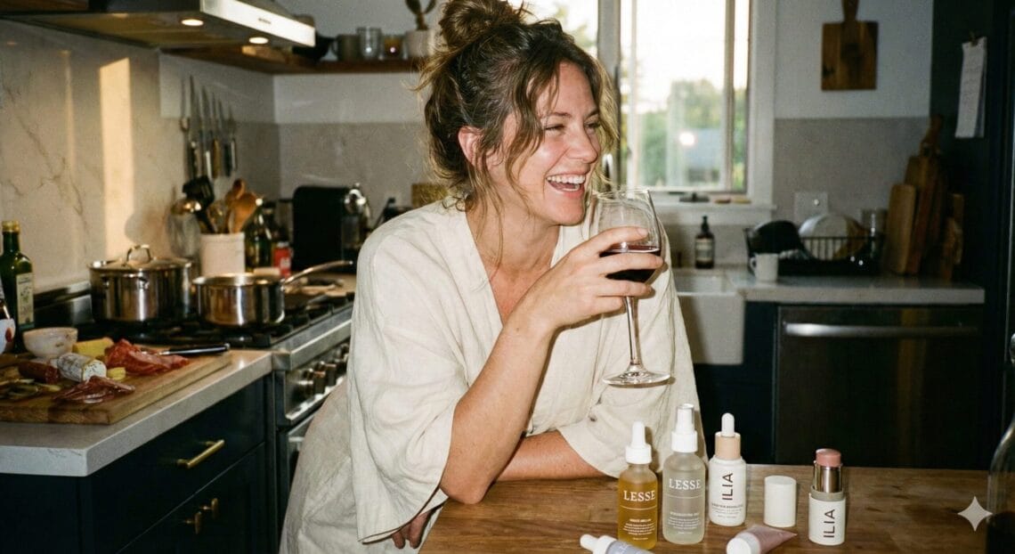 Ginger Graham laughing in a warm kitchen holding a glass of red wine, leaning on a wooden counter with Lesse Skincare bottles (Ritual Serum, Regeneration Mist) and ILIA Beauty makeup products (Super Serum Skin Tint, Multi Stick) displayed in front of her. A charcuterie board is visible in the background.