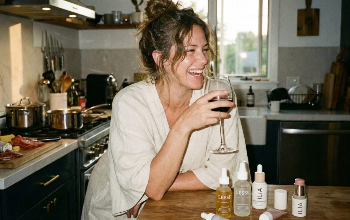 Ginger Graham laughing in a warm kitchen holding a glass of red wine, leaning on a wooden counter with Lesse Skincare bottles (Ritual Serum, Regeneration Mist) and ILIA Beauty makeup products (Super Serum Skin Tint, Multi Stick) displayed in front of her. A charcuterie board is visible in the background.