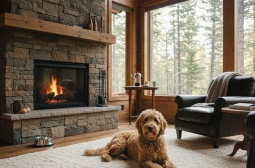 A curly-haired Goldendoodle, Barnaby, lies on a white rug in a rustic cabin living room with a lit stone fireplace and large windows looking out onto a pine forest.