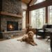 A curly-haired Goldendoodle, Barnaby, lies on a white rug in a rustic cabin living room with a lit stone fireplace and large windows looking out onto a pine forest.