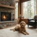 A curly-haired Goldendoodle, Barnaby, lies on a white rug in a rustic cabin living room with a lit stone fireplace and large windows looking out onto a pine forest.