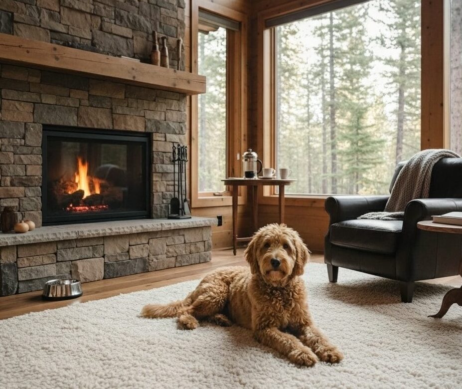 A curly-haired Goldendoodle, Barnaby, lies on a white rug in a rustic cabin living room with a lit stone fireplace and large windows looking out onto a pine forest.