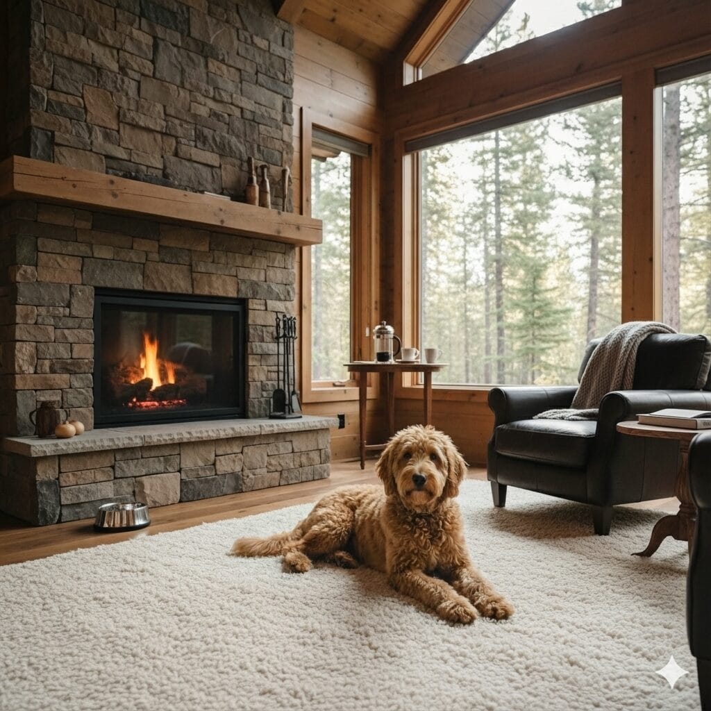 A curly-haired Goldendoodle, Barnaby, lies on a white rug in a rustic cabin living room with a lit stone fireplace and large windows looking out onto a pine forest.