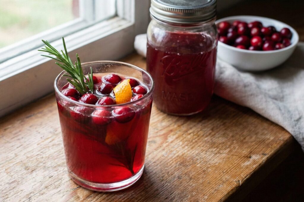 A vibrant red Cranberry-Rosemary Shrub cocktail garnished with fresh cranberries and rosemary on a rustic wooden windowsill