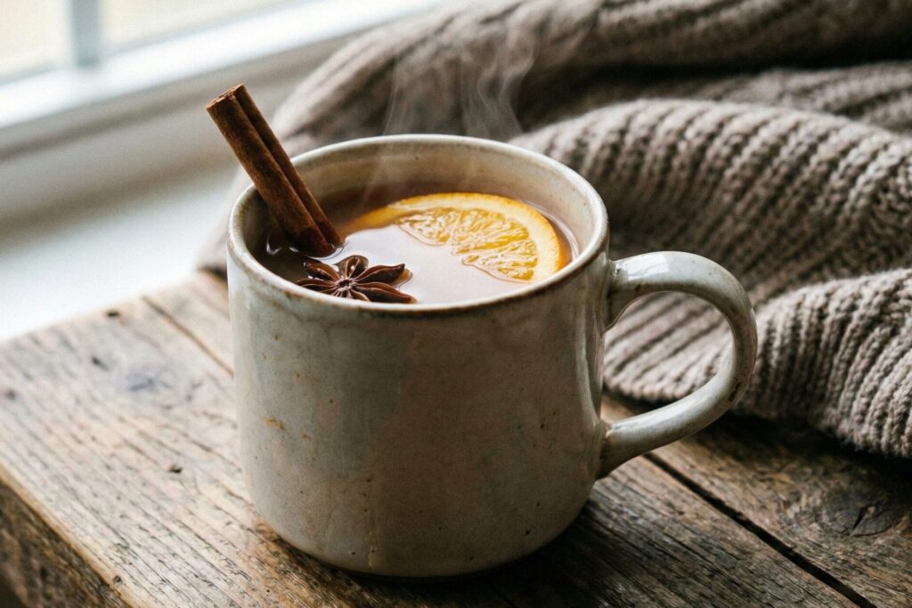 A steaming ceramic mug of spiced hot apple cider garnished with a cinnamon stick, star anise, and an orange slice on a rustic wooden surface next to a knit sweater.
